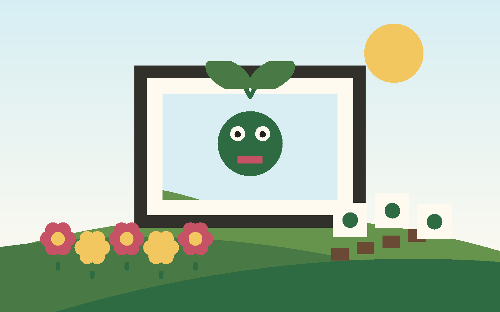 Concept art of a gentle garden learning scene with a tablet, flowers, counting stones, and a friendly sprout character.